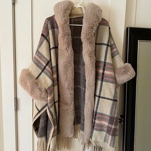 Women’s Plaid Open Front Cape , Sleeve , Hooded Coat- One Size Fits All